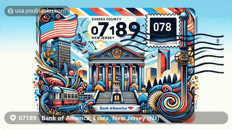 Modern illustration of Bank of America, Essex, New Jersey, showcasing postal theme with ZIP code 07189, featuring Newark landmark and cultural symbols of Essex County and New Jersey.