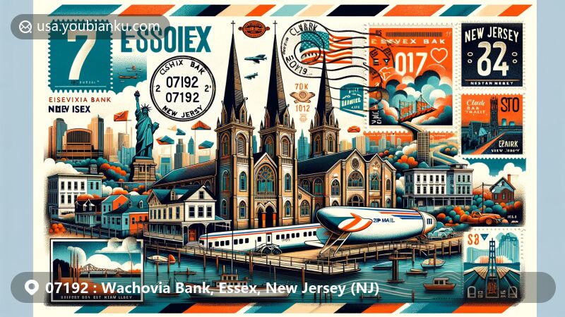 Vibrant illustration of Wachovia Bank in Essex County, New Jersey, featuring ZIP code 07192, showcasing iconic landmarks like Grace Church and Clark Thread Company Historic District, with subtle New Jersey state flag elements.