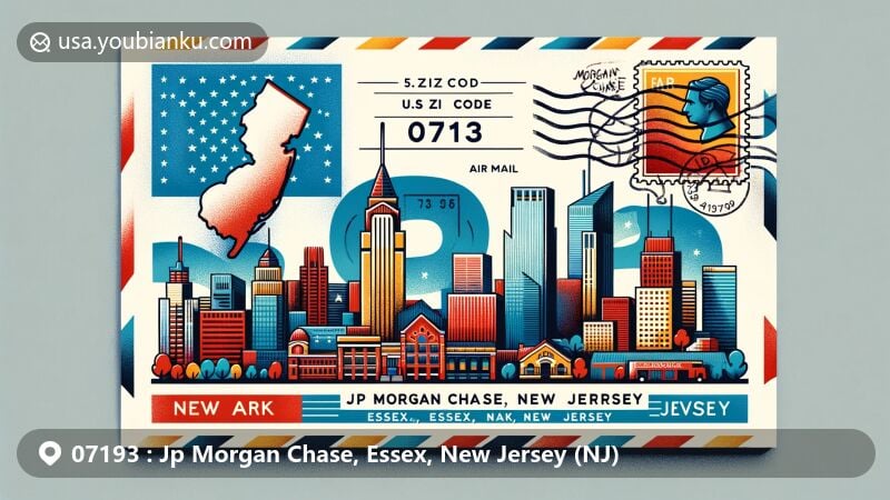 Modern illustration of Jp Morgan Chase, Newark, Essex, New Jersey, showcasing cityscape with notable landmarks and New Jersey state flag, integrated with Essex County map outline, featuring postal elements like stamp and postmark with ZIP code 07193.