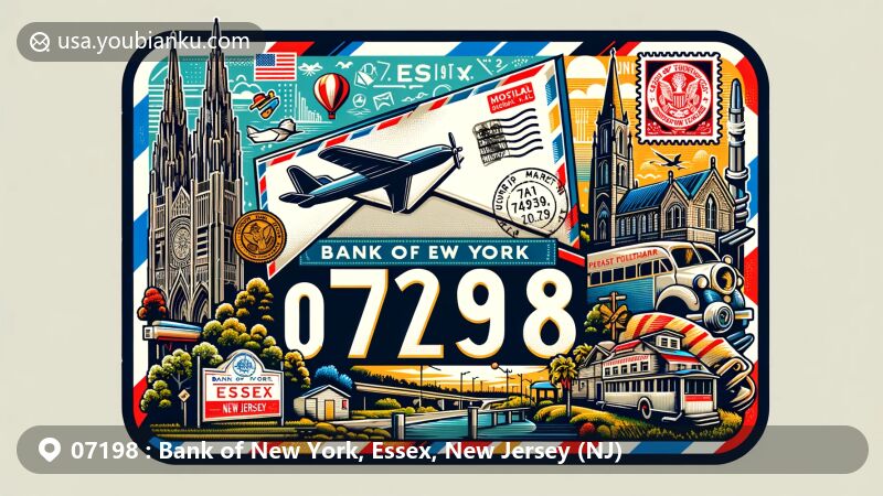 Modern illustration of Essex County, New Jersey, showcasing vintage airmail envelope with ZIP code 07198, featuring the Bank of New York and iconic landmarks like Cathedral of the Sacred Heart and Branch Brook Park.