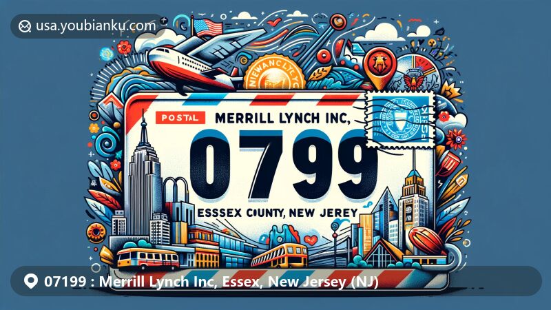 Modern illustration of Merrill Lynch Inc, Essex County, New Jersey, highlighting postal theme with ZIP code 07199, featuring Newark skyline, iconic buildings, and Essex County seal.