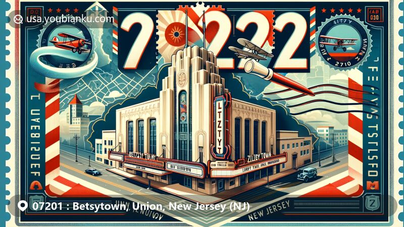 Modern illustration of Betsytown, Union, New Jersey, showcasing postal theme with ZIP code 07201, featuring Ritz Theatre and Liberty Hall Museum.