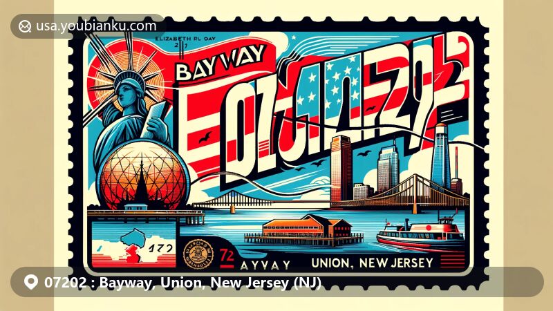 Modern illustration of Bayway, Union County, New Jersey, featuring the Elizabeth skyline, Union Watersphere, and Liberty Hall Museum, with vintage postal elements and vibrant color scheme.