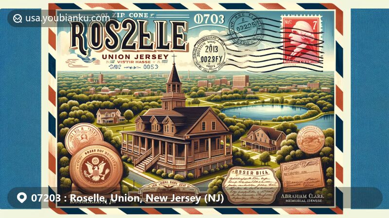 Vintage-style illustration of Roselle, Union County, New Jersey, featuring key landmarks and cultural symbols, including Abraham Clark Memorial House and Warinanco Park, with a stylized New Jersey state flag and postal elements.