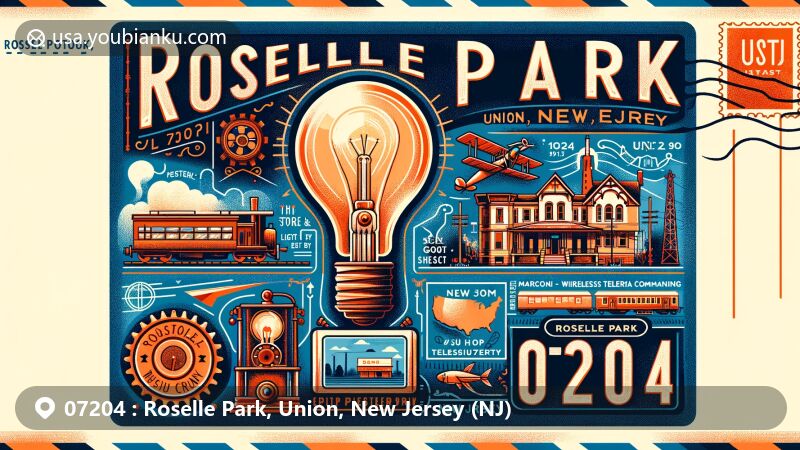 Modern illustration of Roselle Park, Union County, New Jersey, featuring vintage airmail theme with key landmarks like Roselle Park Museum and the first store lit by Edison’s incandescent lamp.