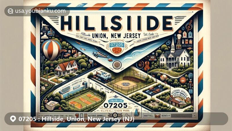 Modern illustration of Hillside, Union, New Jersey, showcasing local culture and landmarks on an air mail envelope with Conant Park, Evergreen Cemetery, Nathaniel Bonnell House, diverse community symbols, local restaurants, and New Jersey state flag.