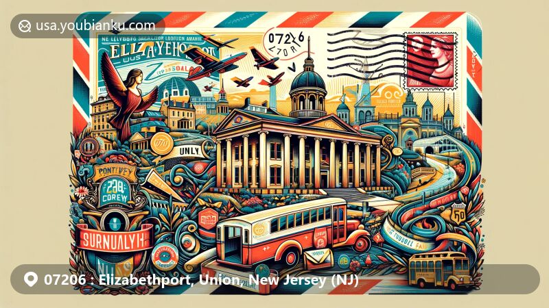 Modern illustration of Elizabethport, Union County, New Jersey, showcasing postal theme with ZIP code 07206, featuring Belcher-Ogden Mansion, Snyder Academy, and Portugal Day Parade.