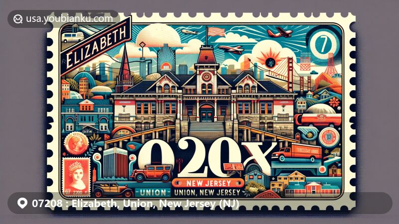Modern illustration of Elizabeth, Union, New Jersey (NJ), highlighting iconic landmarks like Snyder Academy, Boxwood Hall, and The Mills at Jersey Gardens, interwoven with postal elements and the distinctive ZIP code 07208.