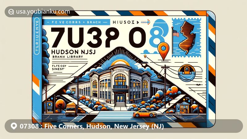Modern illustration of Five Corners area in Hudson, New Jersey, displaying postal theme with ZIP code 07308, featuring stylized map, New Jersey state flag, and Five Corners Branch Library.