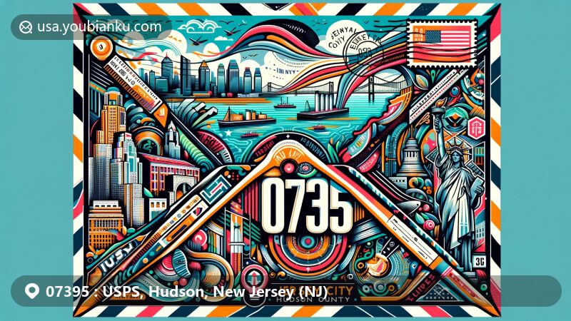 Modern illustration of Jersey City, New Jersey, Hudson County, showcasing iconic landmarks and cultural elements on a creative air mail envelope for ZIP code 07395, including Ellis Island and the Statue of Liberty.
