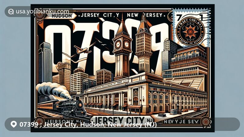 Modern illustration of Jersey City, Hudson County, New Jersey, highlighting postal theme with ZIP code 07399, featuring Central Railroad of New Jersey Terminal, Colgate Clock, and Landmark Loew's Jersey Theatre.