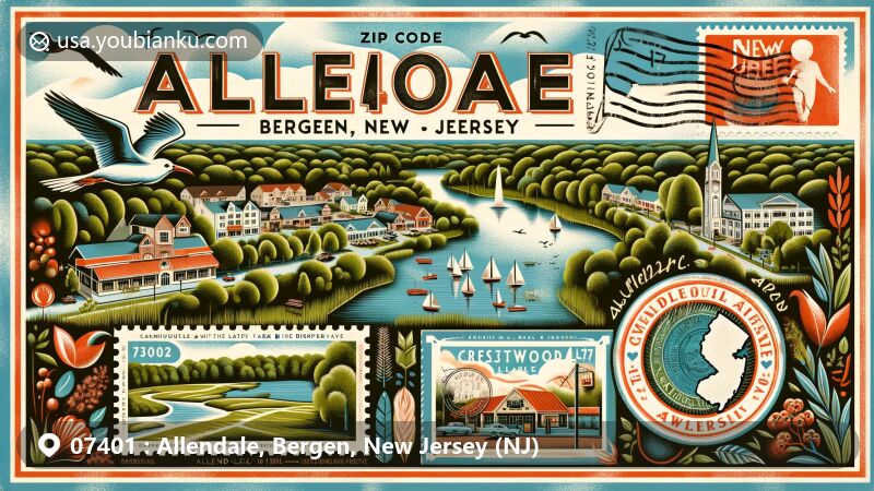 Modern illustration of Allendale, Bergen County, New Jersey, featuring Celery Farm Nature Preserve, Crestwood Lake, small-town charm, and postal theme with '07401' postmark and vintage New Jersey postage stamp.