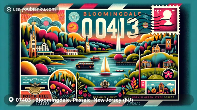 Modern illustration of Bloomingdale, Passaic County, New Jersey, showcasing postal theme with ZIP code 07403, featuring Norvin Green State Forest and local natural beauty, including forests, lakes, and rolling hills.