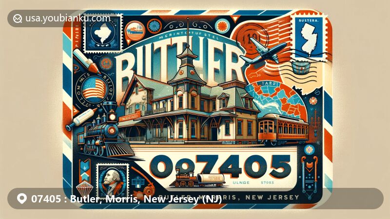 Vibrant vintage-style illustration of Butler, Morris, New Jersey, showcasing 19th-century train station symbolizing Butler Museum, with American Revolutionary War and Arts & Crafts movement symbols, New Jersey state flag, and ZIP Code 07405 postal mark.