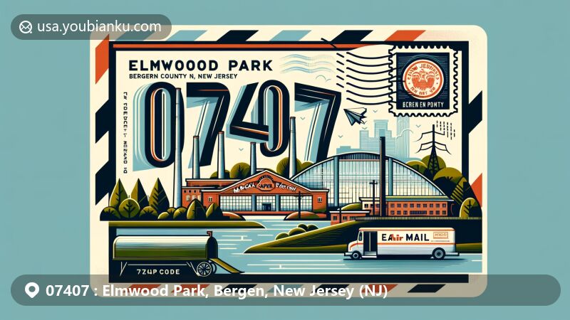 Modern illustration of Elmwood Park, Bergen County, New Jersey, highlighting postal theme with ZIP code 07407, featuring Marcal paper factory, Passaic River, and New Jersey state flag.