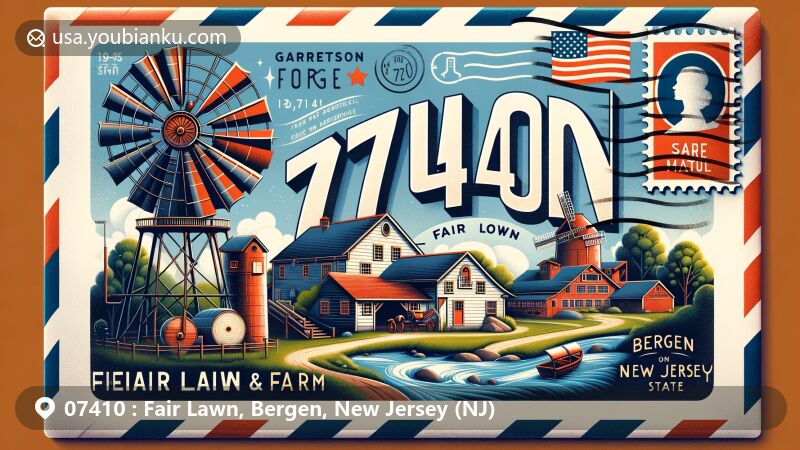 Modern illustration of Fair Lawn, Bergen County, New Jersey, showcasing postal theme with ZIP code 07410, featuring Garretson Forge & Farm and Old Red Mill, integrated with New Jersey state flag.