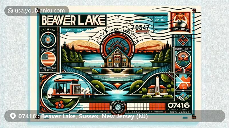 Modern illustration of Beaver Lake, Sussex County, New Jersey, portraying postal theme with ZIP code 07416, showcasing iconic symbols including Sterling Hill Mining Museum, New Jersey state flag, and artistic postcard design.