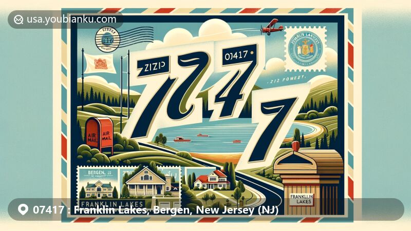 Modern illustration of Franklin Lakes, Bergen County, New Jersey, featuring vintage postcard with bold '07417' ZIP code, showcasing natural beauty with hills, forests, and upscale community, integrating state flag and iconic landmarks.