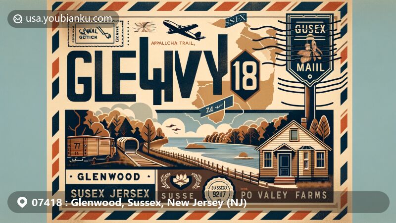Vintage-style illustration of Glenwood, Sussex, New Jersey, showcasing ZIP code 07418 on an air mail envelope with local landmarks Appalachian Trail - Pochuck Boardwalk and Pochuck Valley Farms.