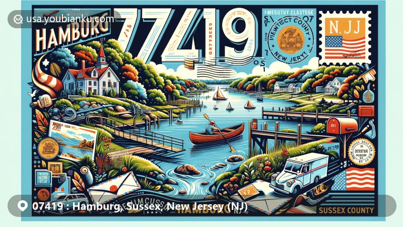 Modern illustration of Hamburg, Sussex County, New Jersey, showcasing postal theme with ZIP code 07419, featuring picturesque natural landscape with lakes, rivers, and greenery, reflecting outdoor activities like fishing and kayaking.