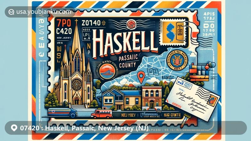 Modern illustration of Haskell, Passaic County, New Jersey, capturing postal theme with ZIP code 07420, featuring Cathedral of Saint Michael the Archangel and Elks Camp Moore.