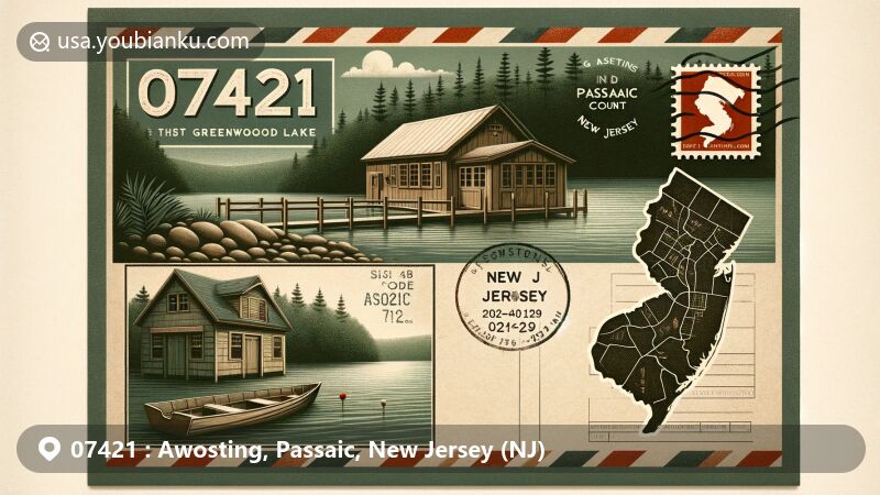Modern illustration of Awosting, Passaic County, New Jersey, showcasing scenic Greenwood Lake, vintage boathouse, and postal theme with ZIP code 07421 and New Jersey state map.