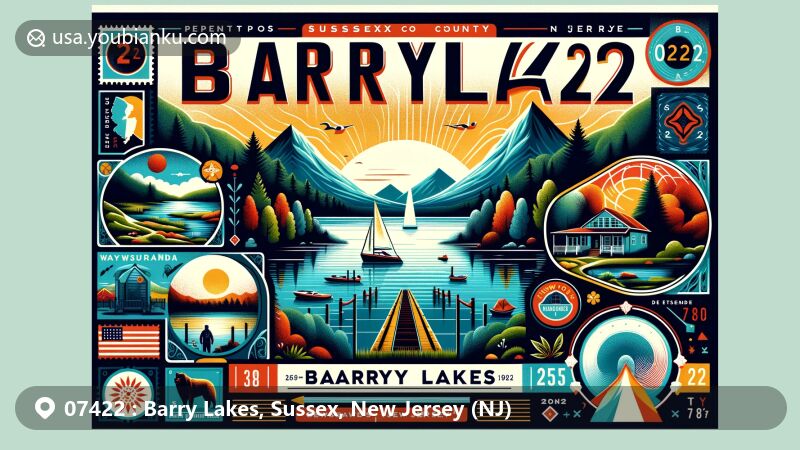 Modern illustration of Barry Lakes, Sussex County, New Jersey, showcasing serene lake and surrounding mountains, with subtle incorporation of state symbols and postal elements like stamps and ZIP code 07422.