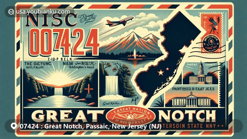 Vintage illustration of Great Notch, Passaic County, New Jersey, showcasing postal theme with ZIP code 07424, featuring Wayne Mountains and landmarks like Dey Mansion, Washington's Headquarters, and Paterson Great Falls, along with elements representing Montclair State University.