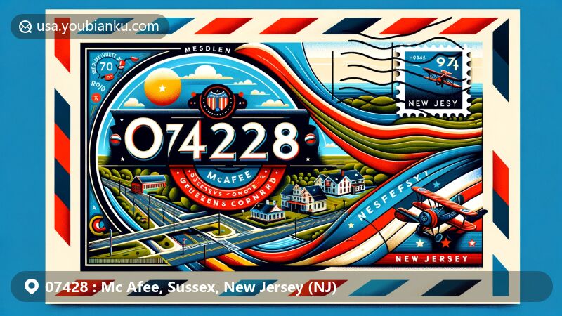 Modern illustration of McAfee, Sussex County, New Jersey, featuring airmail envelope design with ZIP code 07428, showcasing Route 94 and McAfee-Greens Corner Road intersection, New Jersey state flag, and vintage postal elements.