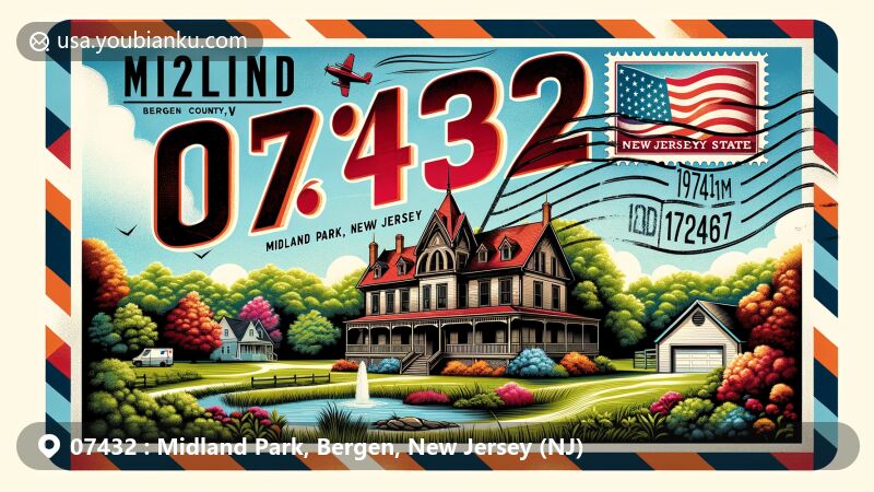 Modern illustration of Midland Park, Bergen County, New Jersey, featuring vintage air mail envelope with historic David Baldwin House, lush green parks, picturesque suburban landscapes, and classic American postal stamp with New Jersey state flag.