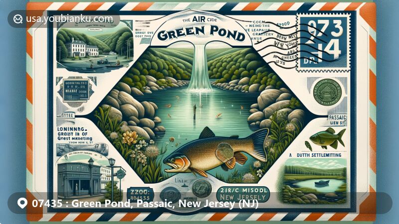 Illustration of Green Pond, Passaic County, New Jersey, showcasing Lake Green Pond, trout, bass, and historical iron mine, reflecting mining legacy and local aquatic life, with subtle nods to American Revolutionary War and Dutch settlers, featuring postal elements and New Jersey state symbols.