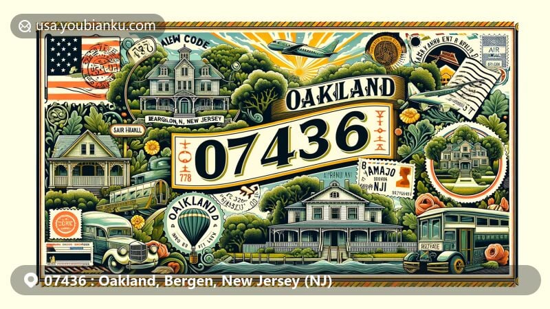 Modern illustration of Oakland, Bergen County, New Jersey, showcasing postal theme with ZIP code 07436, featuring Van Allen House and Ramapo River.