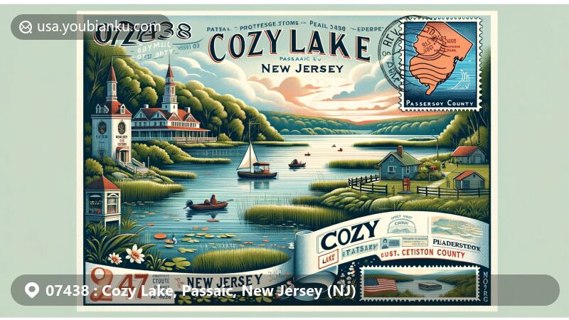 Modern illustration of Cozy Lake, Passaic, New Jersey, showcasing serene beauty and recreational activities, integrated with Great Swamp National Wildlife Refuge, featuring local landmarks and postal theme with ZIP code 07438.