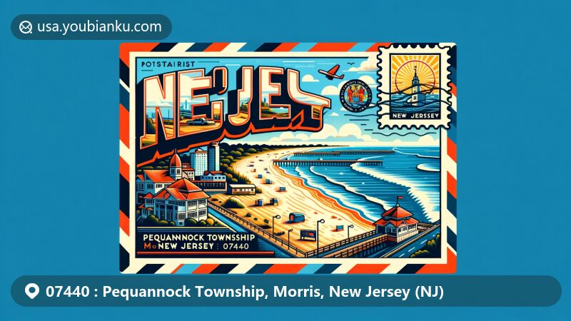 Modern illustration of Pequannock Township, Morris, New Jersey, featuring scenic coastline with beach and boardwalk, airmail postcard with ZIP code 07440, New Jersey state flag, postage stamp, and postmark.