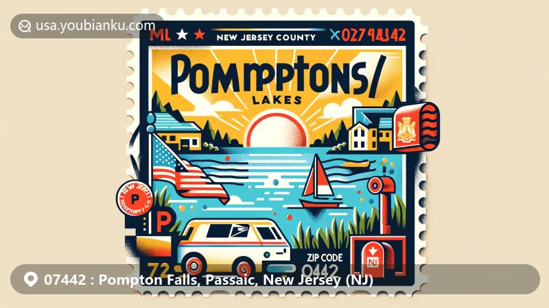 Modern illustration of Pompton Lakes, Passaic County, New Jersey, showcasing postal theme with ZIP code 07442, featuring New Jersey state flag, local landmarks, and postal elements.