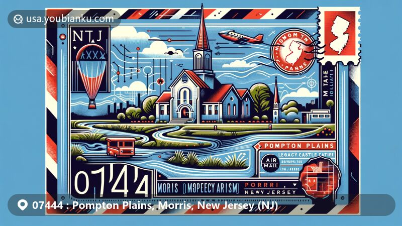 Modern illustration of Pompton Plains, Morris County, New Jersey, showcasing postal theme with ZIP code 07444, featuring Pompton River and The Legacy Castle.