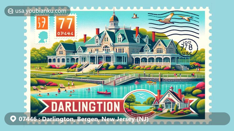 Modern illustration of Darlington, Bergen, New Jersey, with postal theme featuring Crocker-McMillin Mansion and Darlington Schoolhouse, set against backdrop of Darlington County Park's natural beauty.
