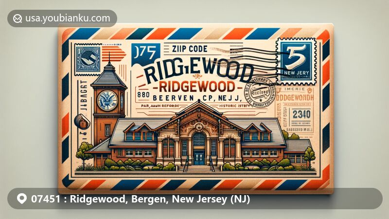 Modern illustration of Ridgewood, Bergen County, New Jersey (NJ), showcasing postal theme with ZIP code 07451, featuring Ridgewood Station, Paramus Reformed Church Historic District, New Jersey state flag, and American mailbox.