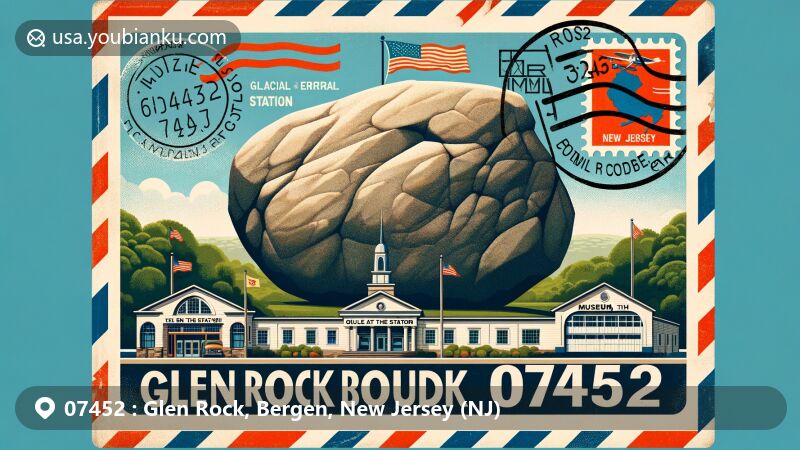 Modern illustration of Glen Rock, Bergen County, New Jersey, featuring iconic Glen Rock Boulder, Museum at the Station, and New Jersey state flag, in a postcard style with postal theme and ZIP code 07452.