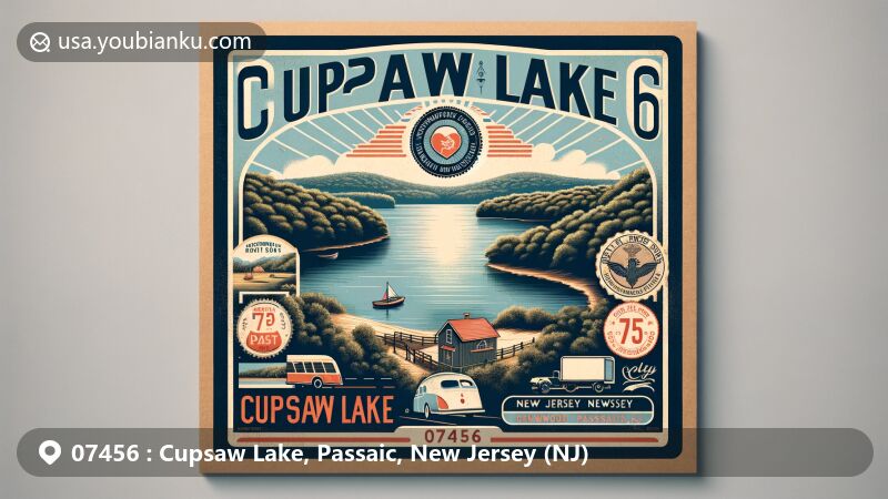 Modern illustration of Cupsaw Lake area, Passaic County, New Jersey, showcasing postal theme with ZIP code 07456, featuring natural beauty and local landmarks like Hickory Mountain and Bellot Mountain.