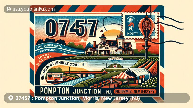 Modern illustration of Pompton Junction, Morris County, New Jersey, showcasing postal theme with ZIP code 07457, featuring The Legacy Castle and a farmers market, integrated in a vintage airmail envelope.