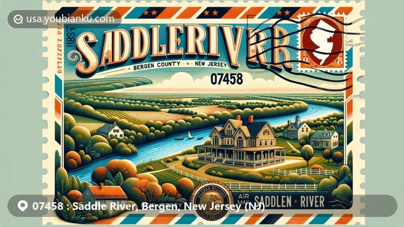 Modern illustration of Saddle River, Bergen County, New Jersey, showcasing postal theme with ZIP code 07458, featuring the Saddle River and historic residences like the Ackerman House, reflecting rich local history and high-income housing.