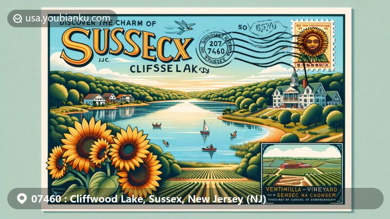 Modern illustration of Cliffwood Lake, Sussex County, NJ, featuring serene water, greenery, iconic sunflowers from Liberty Farm, Ventimiglia Vineyard landscape, and Minisink Archaeological Site.