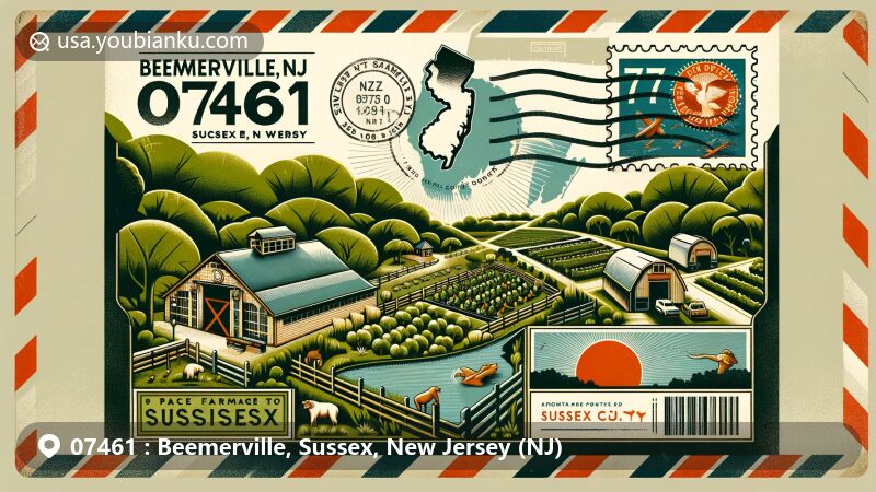 Vintage airmail envelope design for Beemerville, Sussex, New Jersey ZIP code 07461, featuring Space Farms Zoo and Museum, Beemerville Orchard, Sussex County outline, and New Jersey state flag stamp.