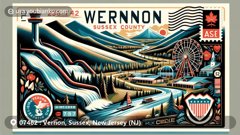 Modern illustration of Vernon, Sussex County, New Jersey, highlighting Mountain Creek ski resort and water park, featuring Kittatinny and Appalachian mountain ranges, and postal theme with ZIP code 07462.
