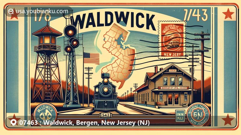 Vintage postcard illustration of Waldwick, Bergen County, New Jersey, featuring iconic Erie Railroad Signal Tower and local history museum, set against a backdrop of Bergen County map outline and New Jersey state flag stamp.