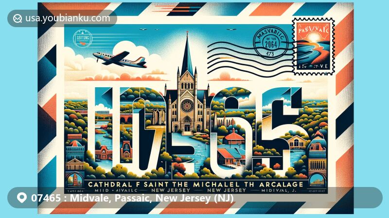 Modern illustration of Midvale, Passaic County, New Jersey, featuring postal theme with ZIP code 07465, showcasing Saint Michael the Archangel Cathedral and Pequannock River Park, integrated with New Jersey state flag elements.