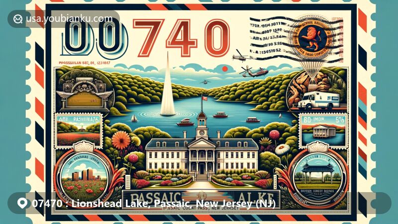Modern illustration of Lionshead Lake, Passaic, New Jersey, featuring airmail envelope with ZIP code 07470, showcasing serene nature of lake community and historic Dey Mansion, complemented by New Jersey State Botanical Garden.