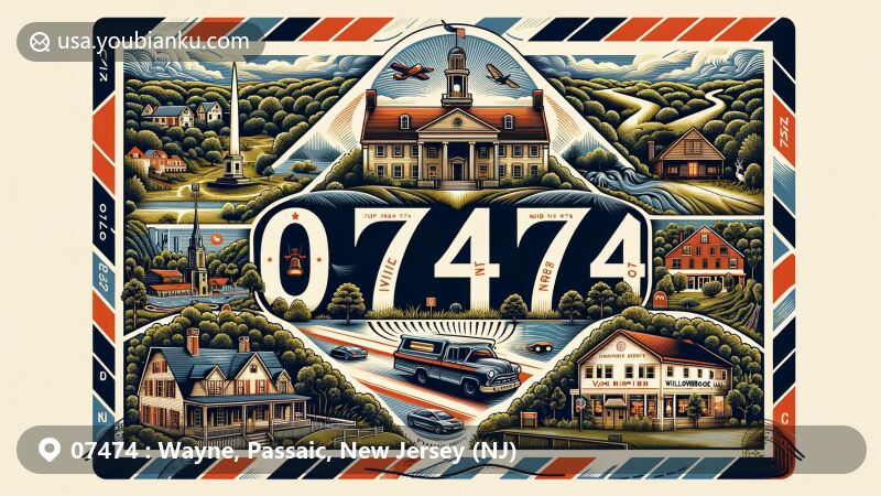 Modern illustration of Wayne, Passaic County, New Jersey, showcasing postal theme with ZIP code 07474, featuring Dey Mansion, Van Riper-Hopper House, High Mountain Park Preserve, Wayne Town Center, and Willowbrook Mall.