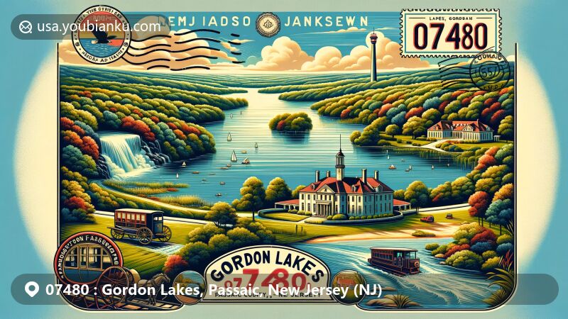 Vivid illustration of Gordon Lakes, Passaic County, New Jersey, featuring serene lake view, Dey Mansion, Great Falls of the Passaic, and postal elements with vintage stamp and postal carriage.